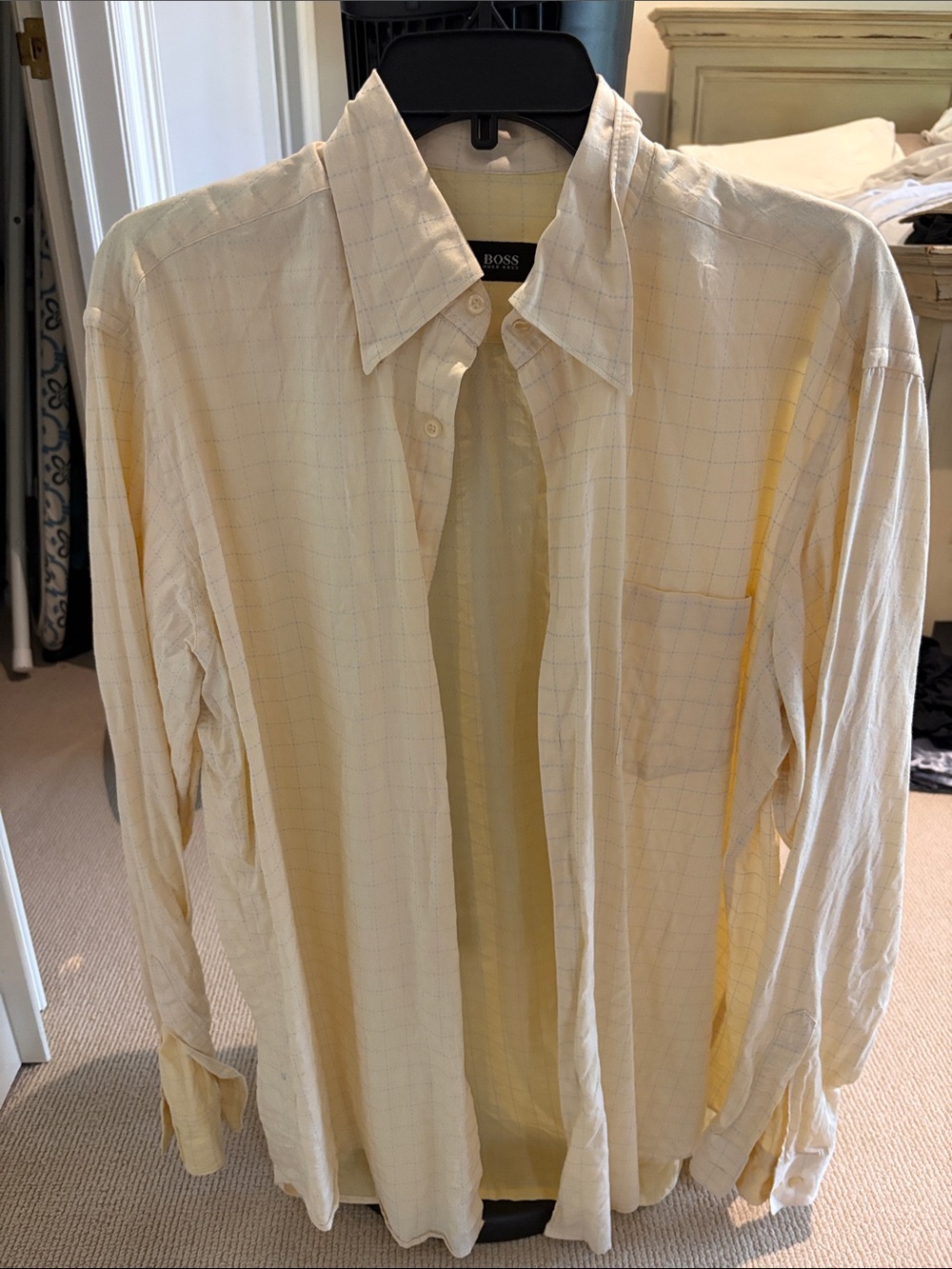 BOSS Men's Pale Yellow Windowpane Dress Shirt
